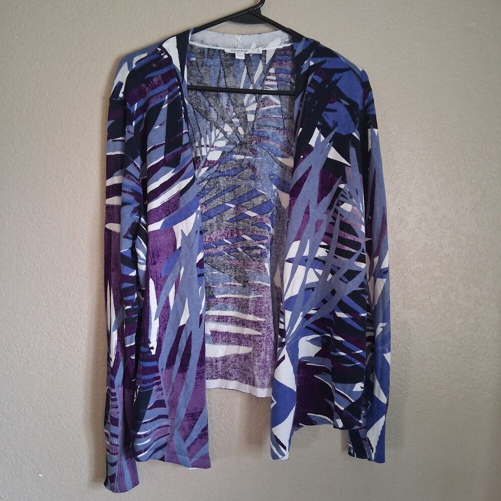 Chico's Tropical Palm Leaf Open Front Cardigan Size 3 (XL) Artsy Lagenlook Beach